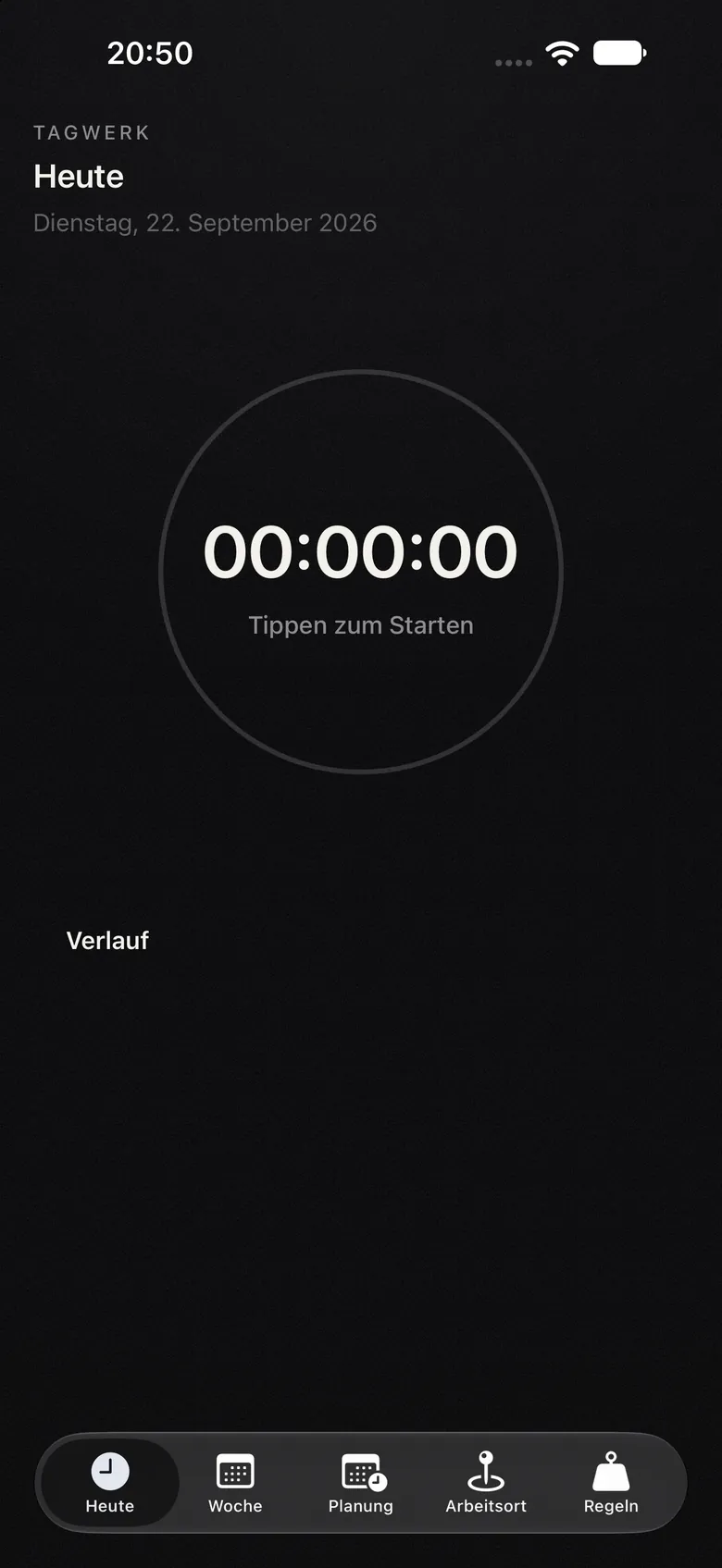 Tagwerk-App: Bildschirm Heute, bereit zum Start im Dunkelmodus