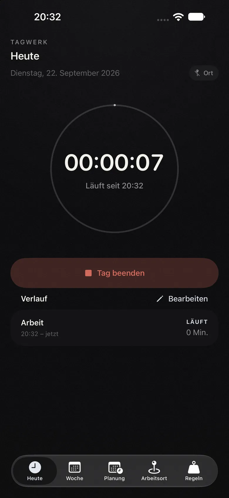 Tagwerk-App: laufende Zeiterfassung auf Heute im Dunkelmodus