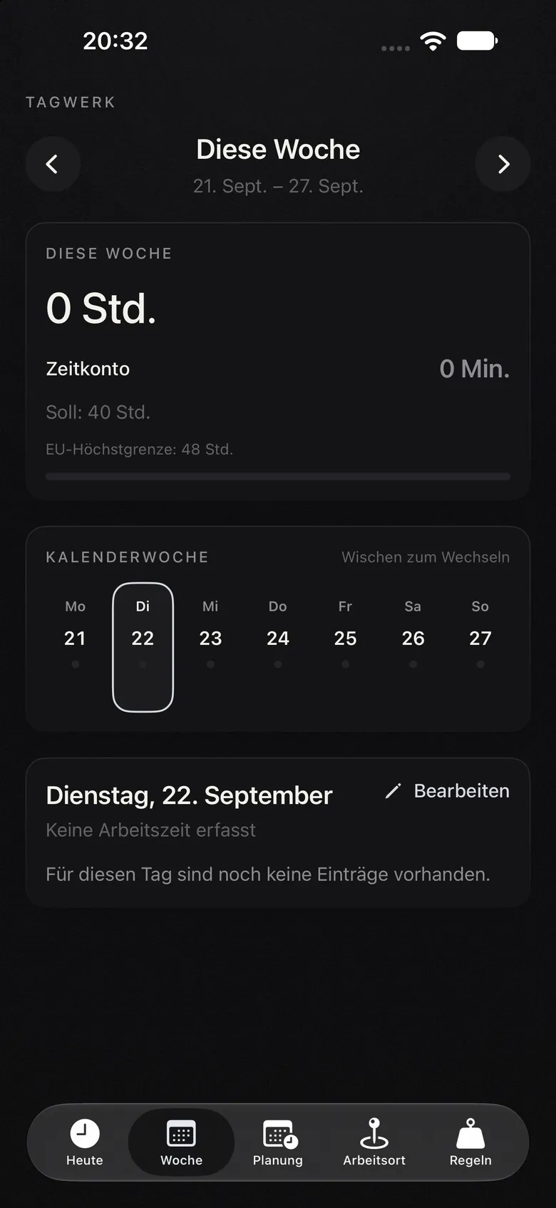 Tagwerk-App: Wochenübersicht der Arbeitszeiten im Dunkelmodus