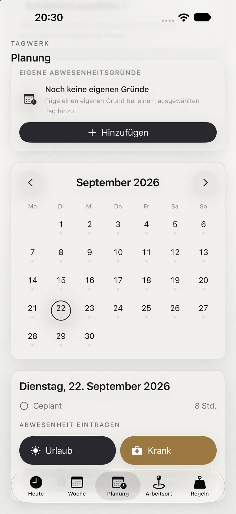 Tagwerk-App: Planung von Einträgen im Hellmodus